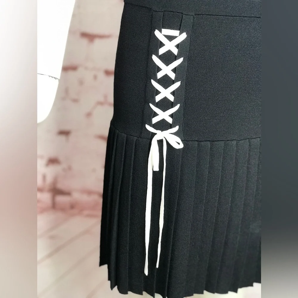 PARKER XS Kennedy Black Knit Pleated Skirt Drop Waist Lace Up Ties Tank Dress XS - Picture 7 of 16